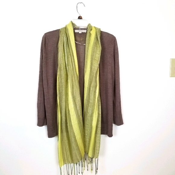 Chemistry chartreuse espresso brown striped scarf silver metallic thread fringe - Picture 3 of 6